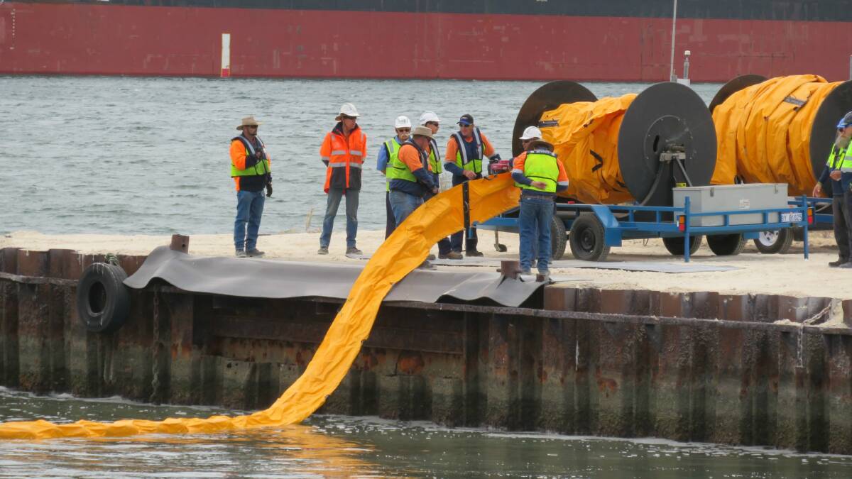 A team of 10 workshop staff from Southern Ports Authority’s Bunbury site undertook an oil spill drill on February 9 to sharpen their front-line clean-up skills. Photo: Supplied.